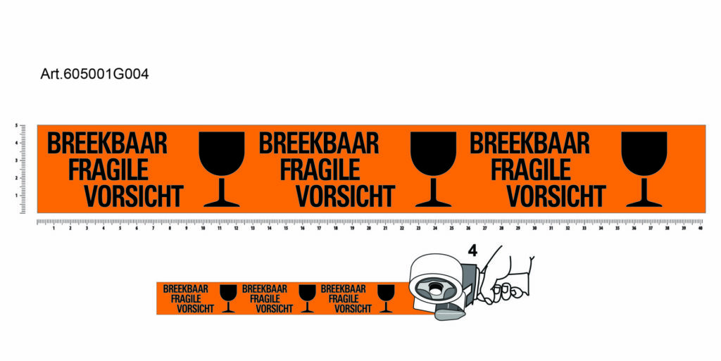PP Acrylic Tape Pre Printed main - 50, White, 28µ, Breekbaar - Fragile