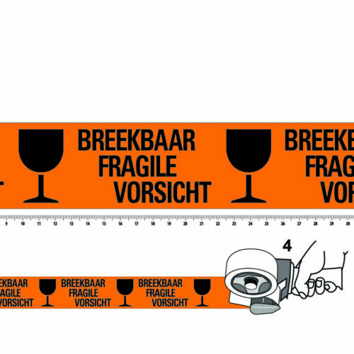 PP Acrylic Tape Pre Printed main - 50, White, 28µ, Breekbaar - Fragile