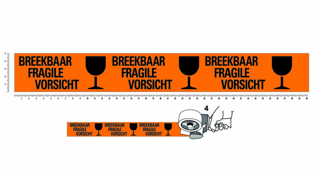 PP Acrylic Tape Pre Printed main - 50, Orange, 28µ, Fragile