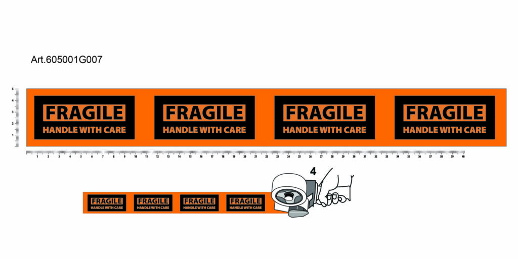 PP Acrylic Tape Pre Printed main - 50, Orange, 28µ, Fragile - Handle with care