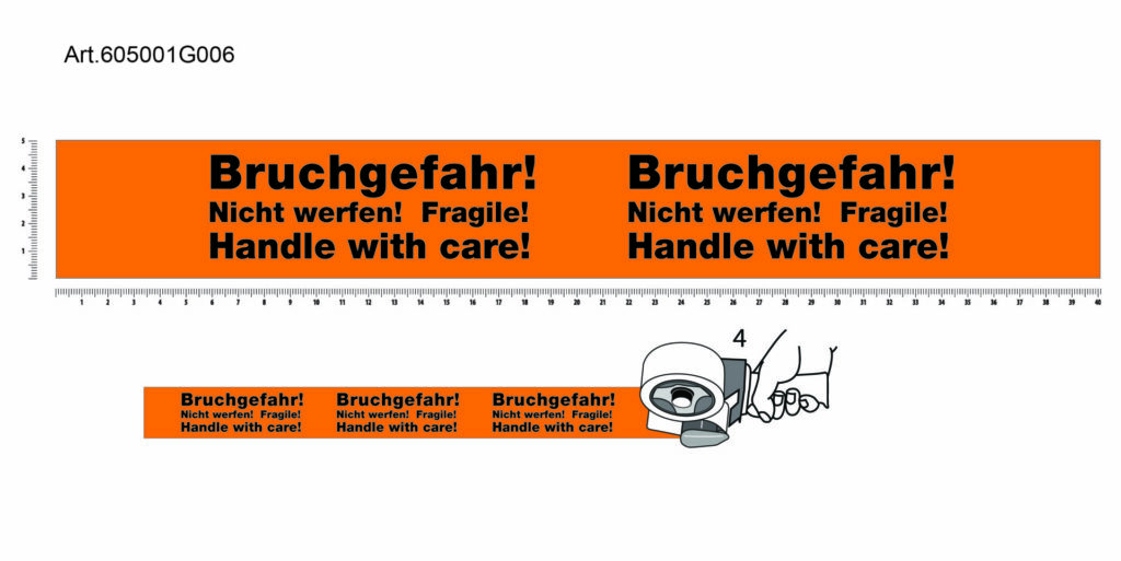 PP Acrylic Tape Pre Printed main - 50, Orange, 28µ, Brucgefahr - Nicht ferfen - Fragile - Handle with care