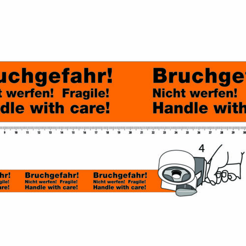 PP Acrylic Tape Pre Printed main - 50, Orange, 28µ, Brucgefahr - Nicht ferfen - Fragile - Handle with care