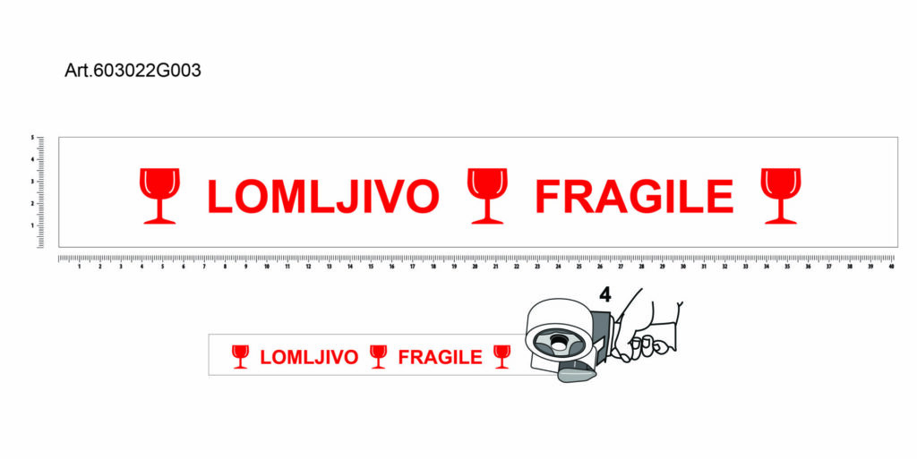 PP Acrylic Tape Pre Printed main - 50, White, 28µ, Fragile